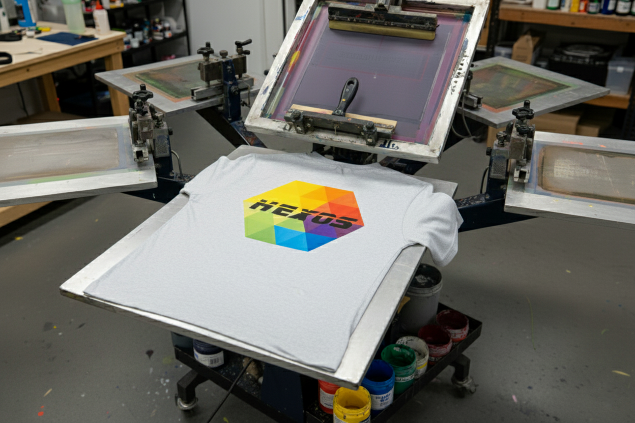 Un t-shirt Hexos en cours de sérigraphie sur presse manuelle, avec l'écran de sérigraphie et les pots d'encre